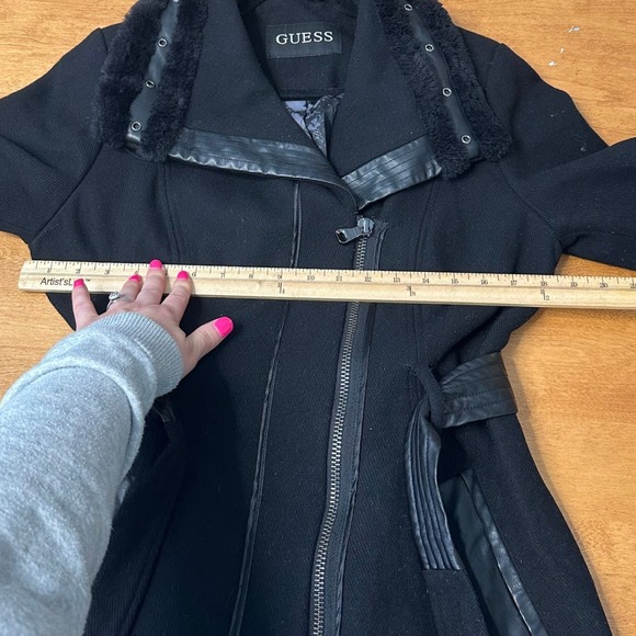 Y2K GUESS Wool Blend Belted Trench Coat Faux Fur Leather Moto Chic Mob Wife Sz L - Picture 14 of 14